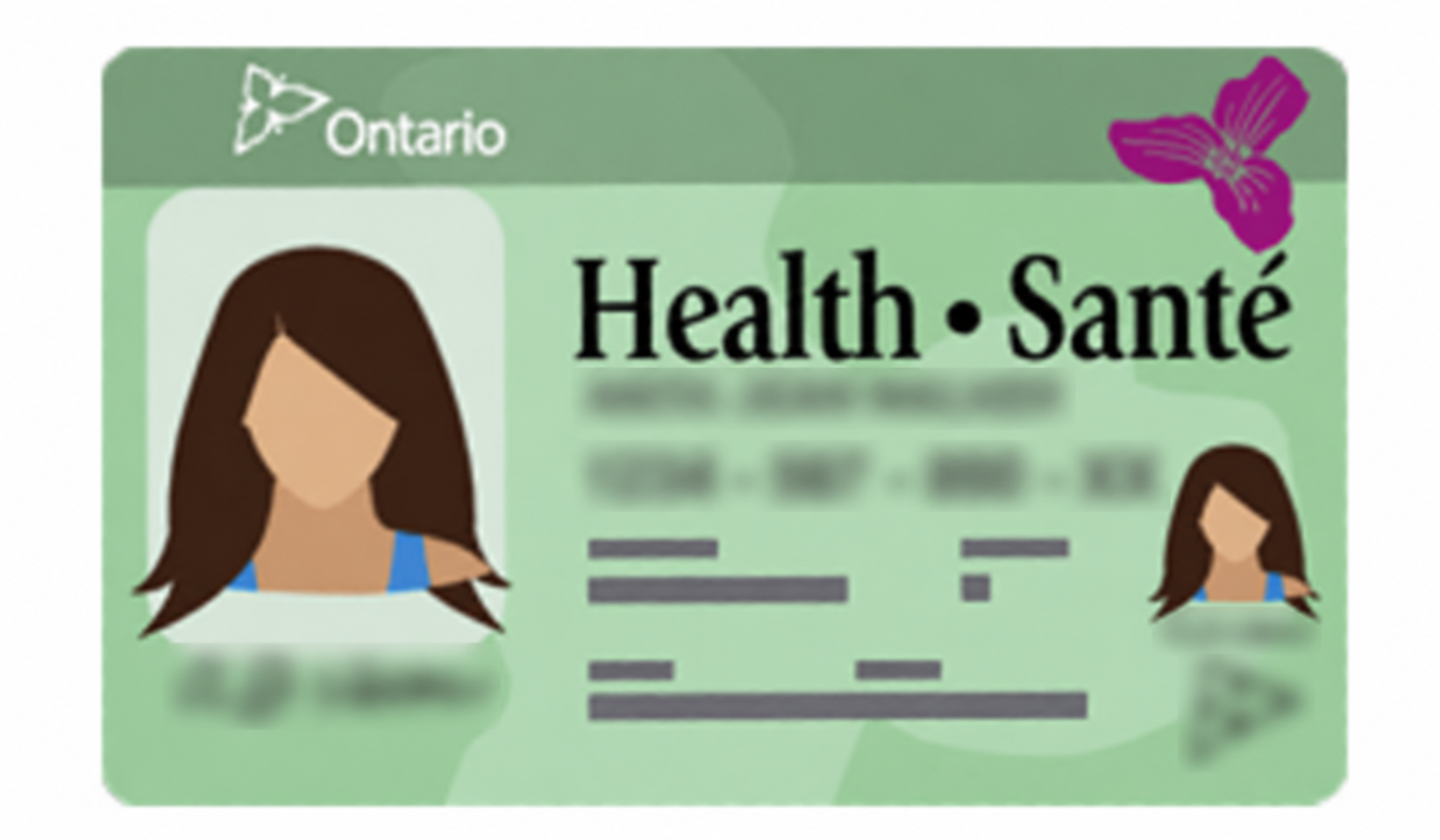 An anonymized Ontario health card representing OHIP-covered eye exams